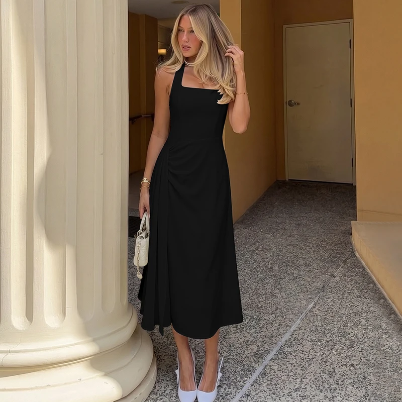 Hugcitar Modisches Kleid mit quadratischem Ausschnitt, einfarbig, rückenfrei, gerüscht, Bandage-Stil, sexy Midi-Abschlussballkleid, Sommerkleidung für Damen, Abendparty, Urlaub – Detail 23