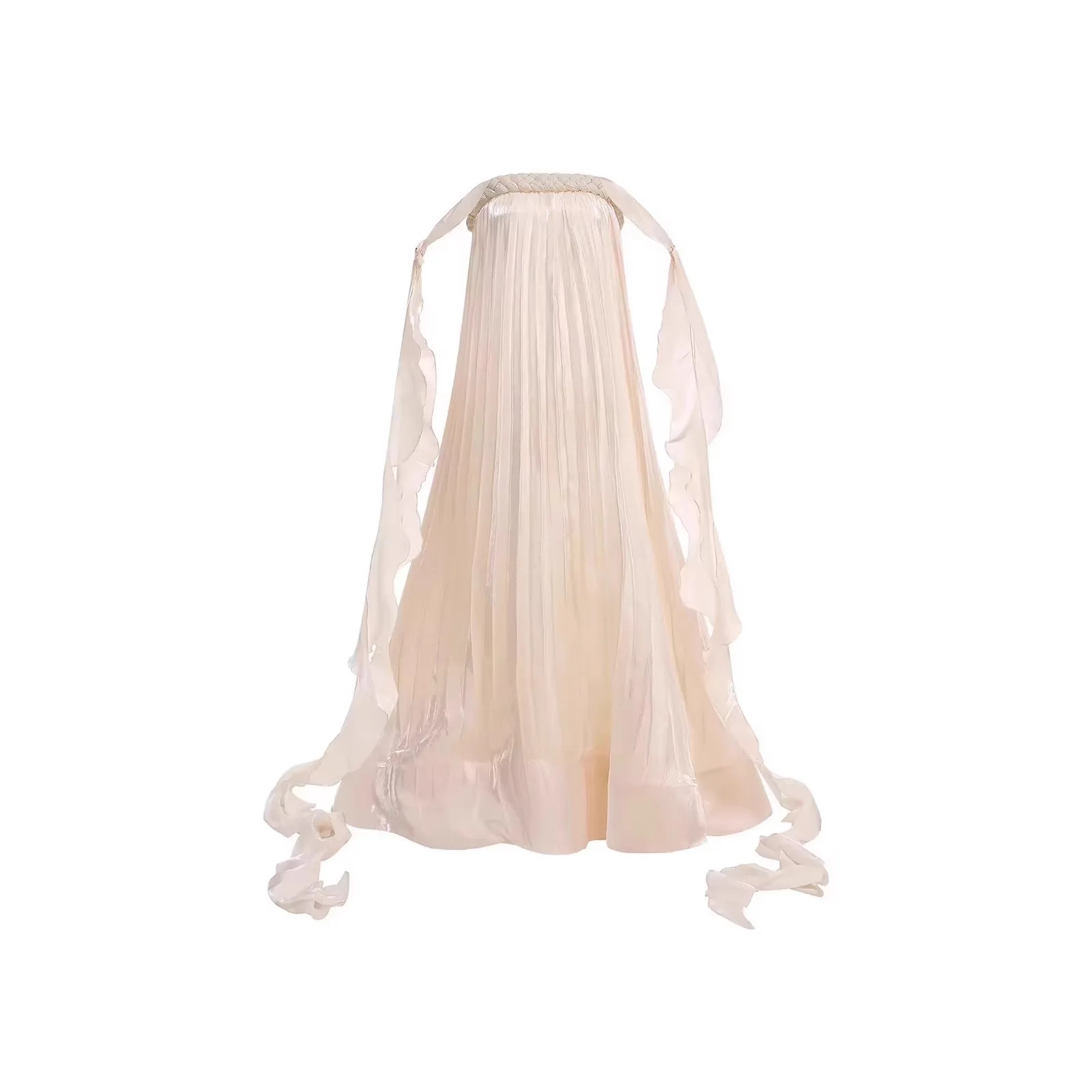 

Women’s Beige Braided Halter Neck Pleated Satin Maxi Dress with Flowy Ribbons Romantic Fairy Evening Gown