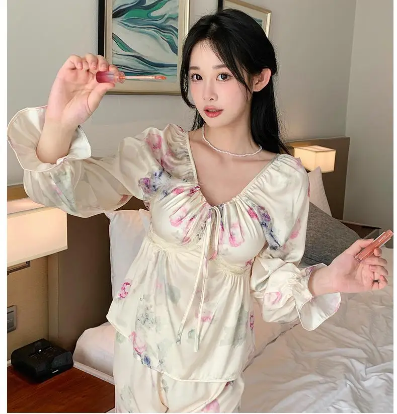 V-Neck Pijamas Suit Women 2PCS Pajamas Set Print Nightwear Lingerie Spring Autumn Long Sleeve Silky Satin Sleepwear Home Clothes