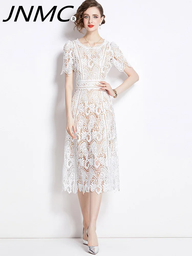 

JNMC White Design Fashionable Hollowed Out Hook Flower Lace Short Sleeved A-line Dress For Women 2024 Spring Summer New Style