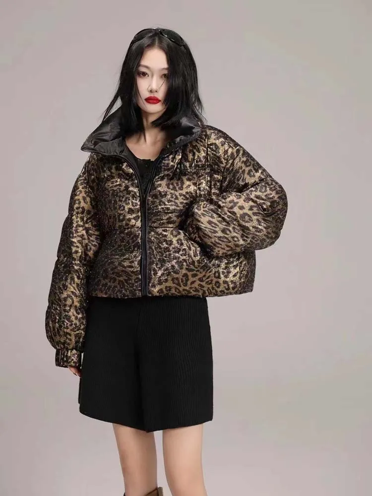 Luxury leopard print down jacket for women 2025 Winter Design Rhinestone short puffer coat Oversize Warm Outerwear  INKEO DJ544