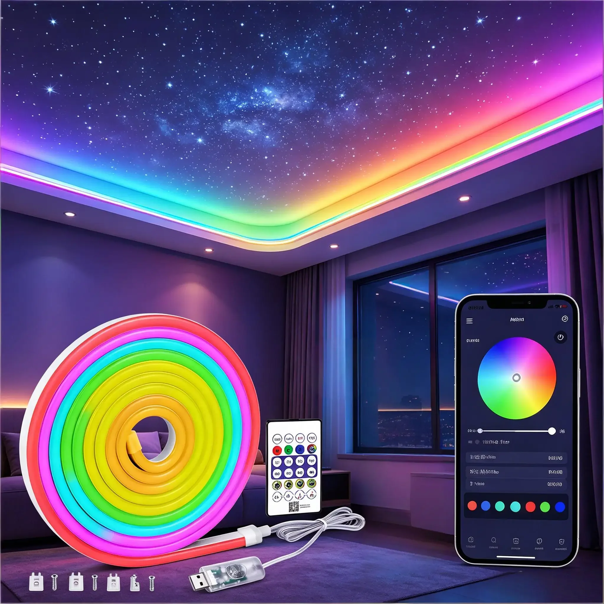 Smart RGBIC LED Neon Strip With Bluetooth App & Remote Control, 5V USB, IP67 Waterproof, Music Sync, Time Setting For Home Decor