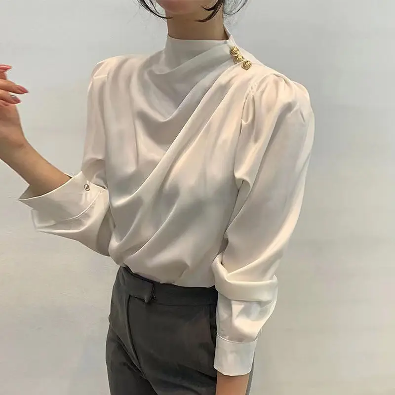 Shirts for Women 2024 Spring New Camisa Feminina Temperament High Neck Side Button Glossy Loose Sleeve Blouse Tops Blusas Mujer