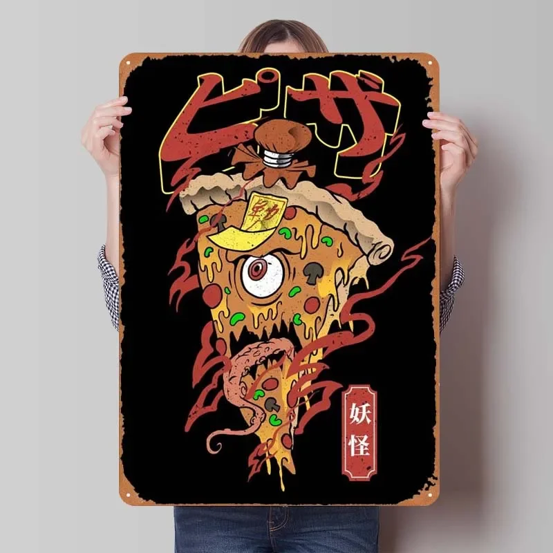 Pizza Yokai Rusty Food Metal Poster House Decor Retro Metal Tin Sign for Restaurant Home Kitchen Wall Art Decoration Coffee Bar