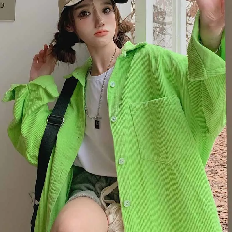 Female Students Fluorescent Green New Corduroy Cardigan Blouse Tops Women Korean Retro Style Loose Fit Mid Length Version Shirt