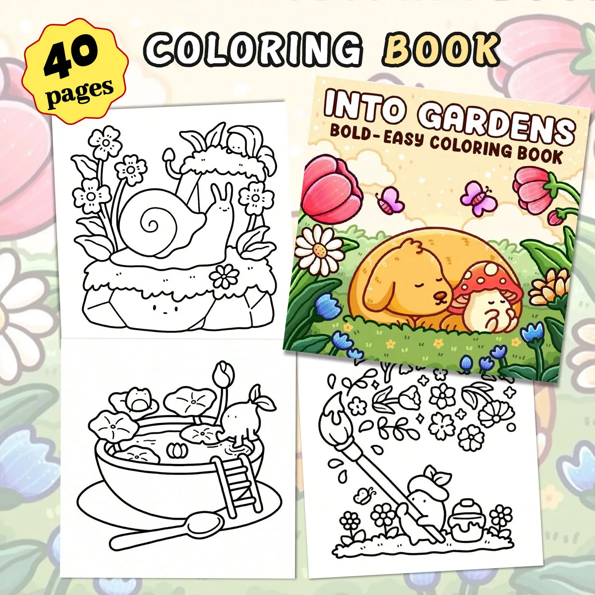 Garden and classroom themed coloring book, fantasy character illustrations, play time, creativity development, family interactio