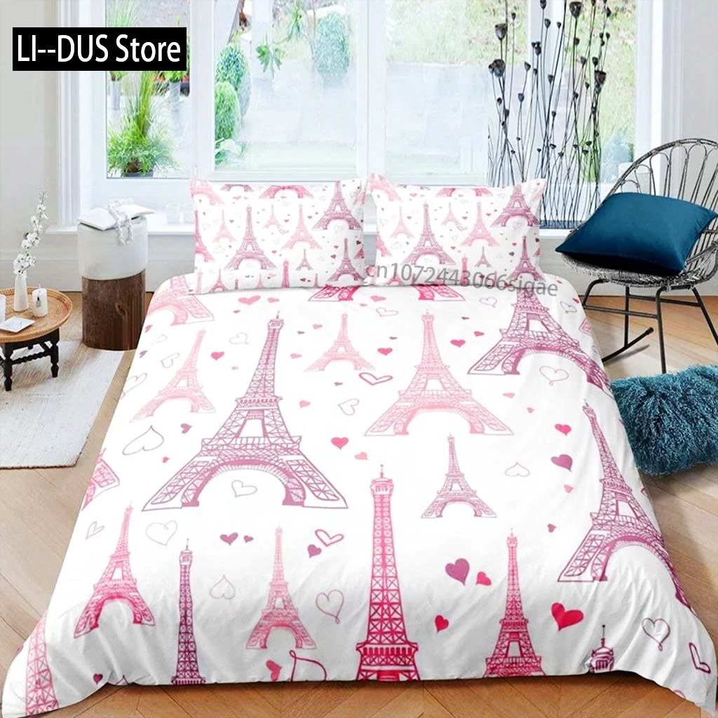 

Paris Duvet Cover Set Polyester Paris Theme White Pink Stripe World-Famous Architecture Creativity Double Queen King Quilt Cover