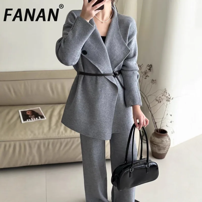 

FANAN Elegant Knitted Set Korean Style Women's Fashion Cardigan Wide Leg Pants Two-Piece Set Autumn Winter New Warm Suits