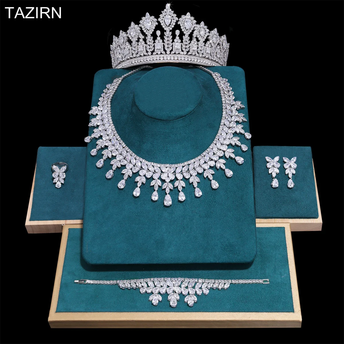 

TAZIRN Dubai 5A Zircon Jewelry Crown 5Pcs Sets for Heavy Dinner Bridal Wedding Party Jewelry Accessories Best Women's Gifts Set