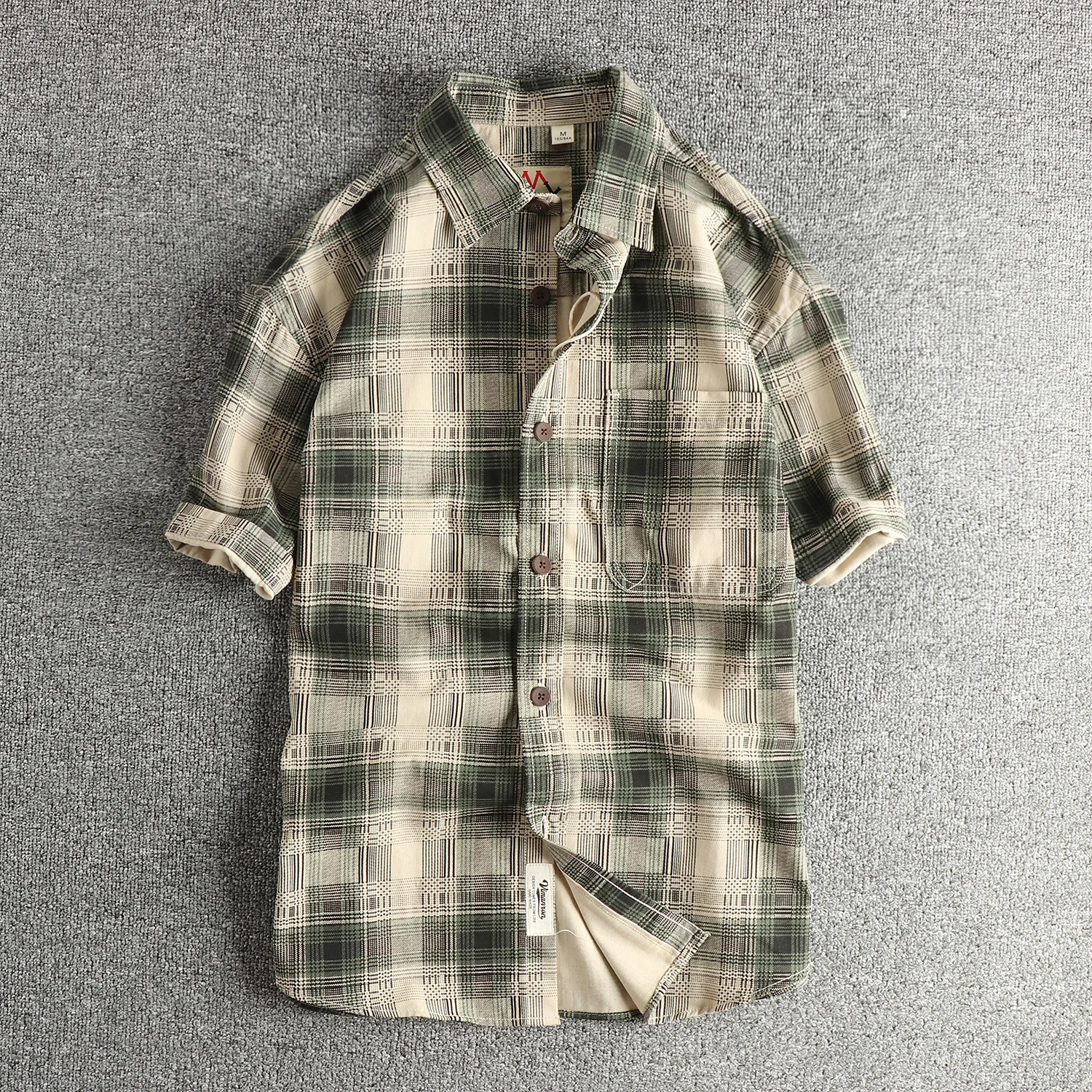

2025 Summer New Japanese Retro Short-Sleeve Turn-down Collar Plaid Shirt Men's Fashion 100% Cotton Washed Loose Casual Blouses