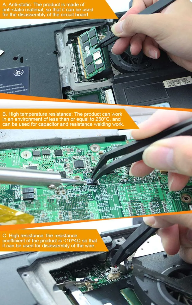 JAKEMY JM-T11 3-in-1 antistatisches Pinzetten-Set für die Reparatur von Mobiltelefonen und Laptops, hitzebeständige PCB-Reparatur, gebogene, spitze Pinzette – Detail 2