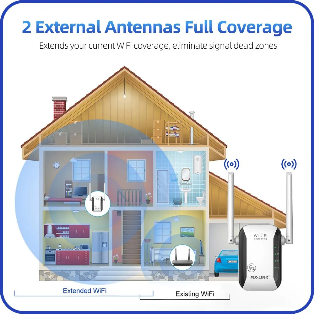 PIX-LINK LV-WR29 300Mbps WiFi Repeater 2.4G Signal Booster Amplifier، إشارة فائقة مع WPS، إعداد سهل، اختراق الجدار