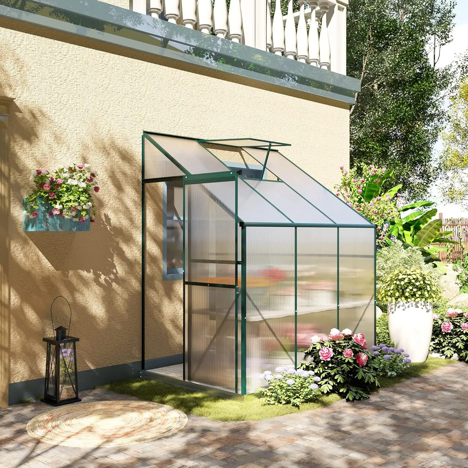 6' x 4' x 7' Hobby Greenhouse, Walk-in Lean-to Polycarbonate Hot House Kit with Aluminum Frame, Sliding Door