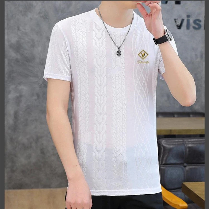 Ice Silk Coolness T Shirt For Men Short Sleeve Jacquard Slim Fit Summer Quality Smooth Comfortable Elastic Casual Tees Camisetas