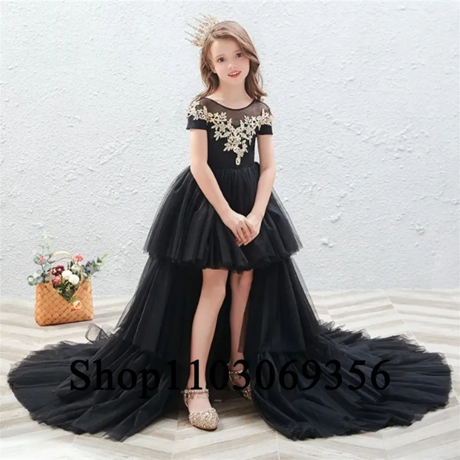 Vestido de fiesta de primera comunión, vestido de encaje negro para niña de flores, exquisita línea A, cuello redondo, escalonado, Princesa, boda, cumpleaños