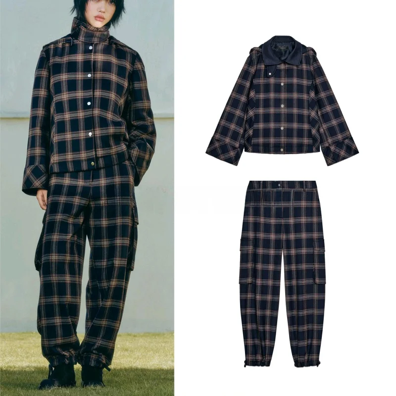 

Клетчатая рабочая одежда с высокой талией, брюки и хлопковый комплект с капюшоном, повседневный зимний модный наряд длиной до пола для женщин