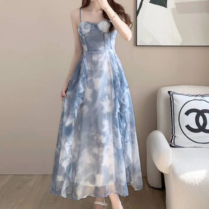 

French Style Tea Break Strapless Camisole Dress Summer Design Sexy Niche Super Fairy Princess Beach Vacation Long Dress