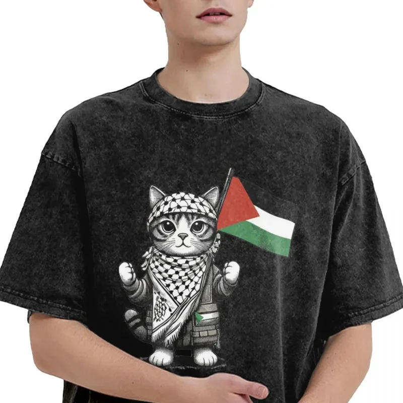 Palestinian Palestine Cat Washed T Shirt Streetwear Hip Hop Vintage T-Shirts Tee Shirt Men Women Cotton Harajuku Summer