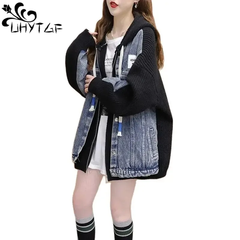 

large Size Denim Patchwor Knitwear Women Jacket New Fake Two Pieces Knit Cardigan Sweater Coat Female Autumn Hooded Outewear 506