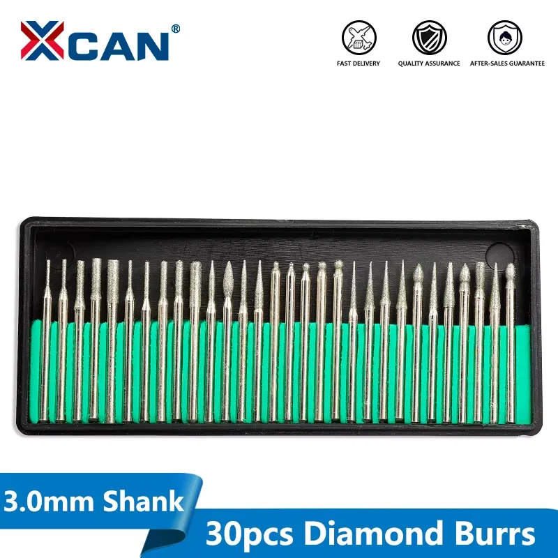 XCAN 30pcs 3mm Shank Diamond Burs Set With Box Carving Burrs Rotary Tool Bit For Dremel Electric Grinder Power Tool Accessories