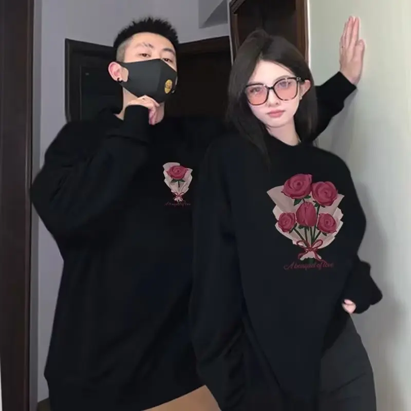 2023 Spring Autumn Y2k Men Woman Couple Clothing Print Hoodie Harajuku Roses Warm Long Sleeve Pullover Fashion Lose Top