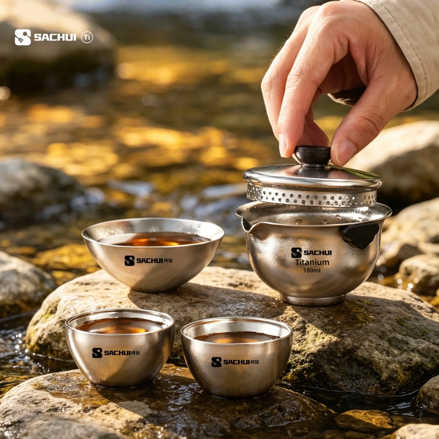 Pure Titanium Travel Tea Set One Pot And Three Cups Outdoor Tea Infuser Portable Storage Camping Tea‑making Cup Small Gift Set