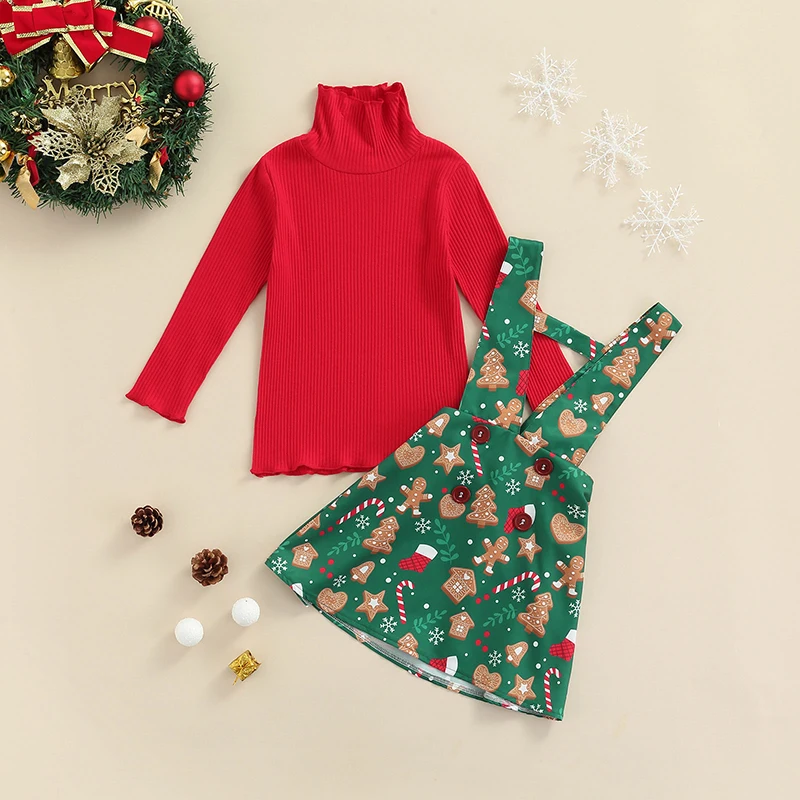 Girls Christmas Print High-necked Long-sleeved Top with Suspender Skirt Set for Autumn Girls Outfit for the Season