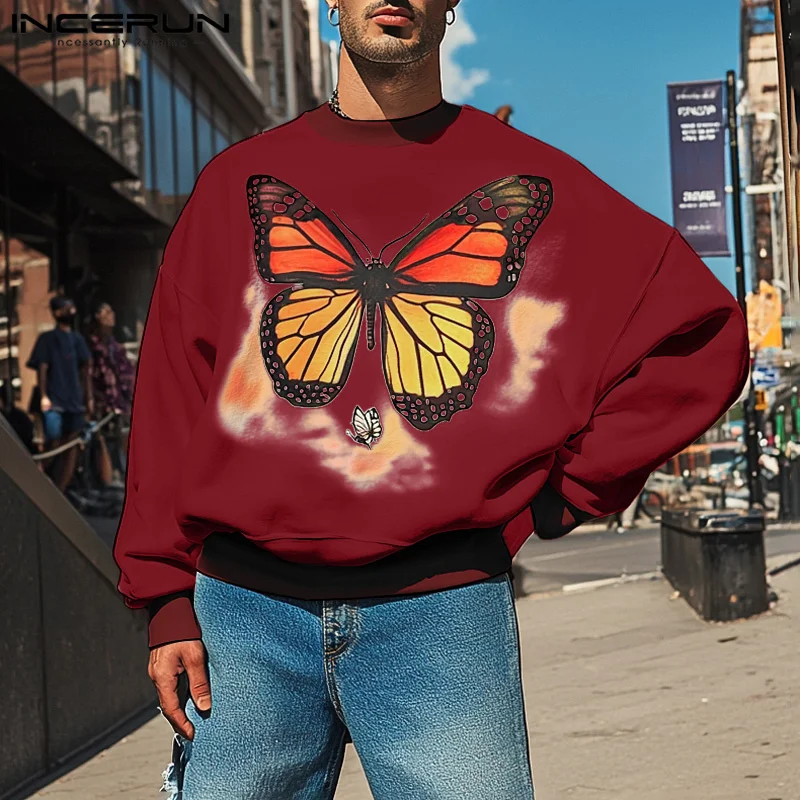 INCERUN 2024 Handsome Men Tops Funny Butterfly Print Sweatshirts Male Personality City Walk Hot Sale Long Sleeved Pullover S-5XL