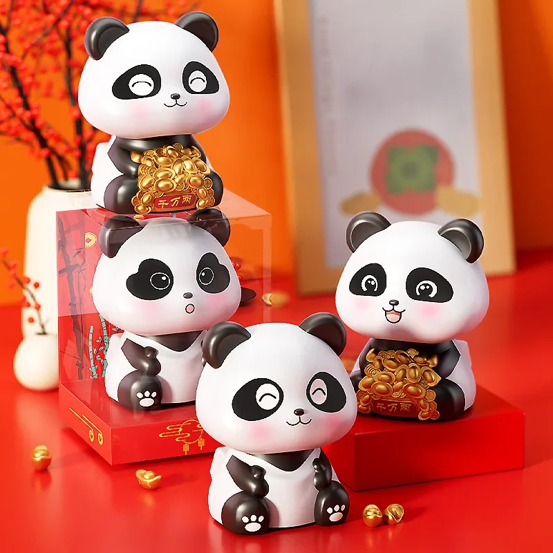 Figurines  Miniatures Decoration Crafts Solar Lucky Cat Nods Panda Car Decoration Office Desktop Panda Creative Gifts