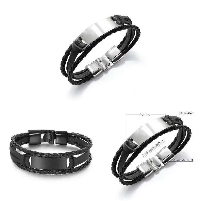 PU Leather Bracelet Cuff For Men Weaving All Match Wristband Multi Layer