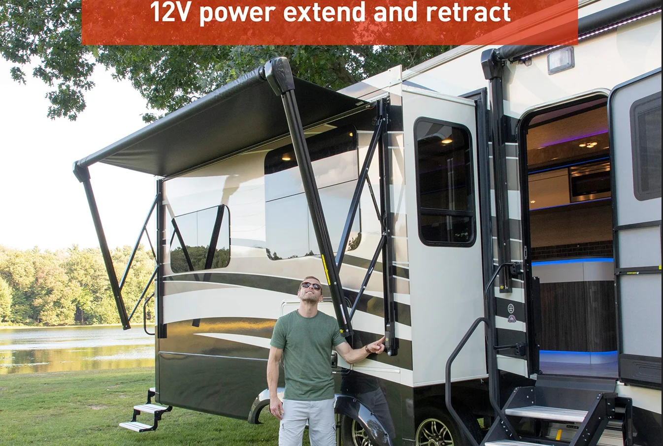-Caravan 12V Extend Aluminum Alloy Frame Camper RV Awning Electric Retractable Sunshade