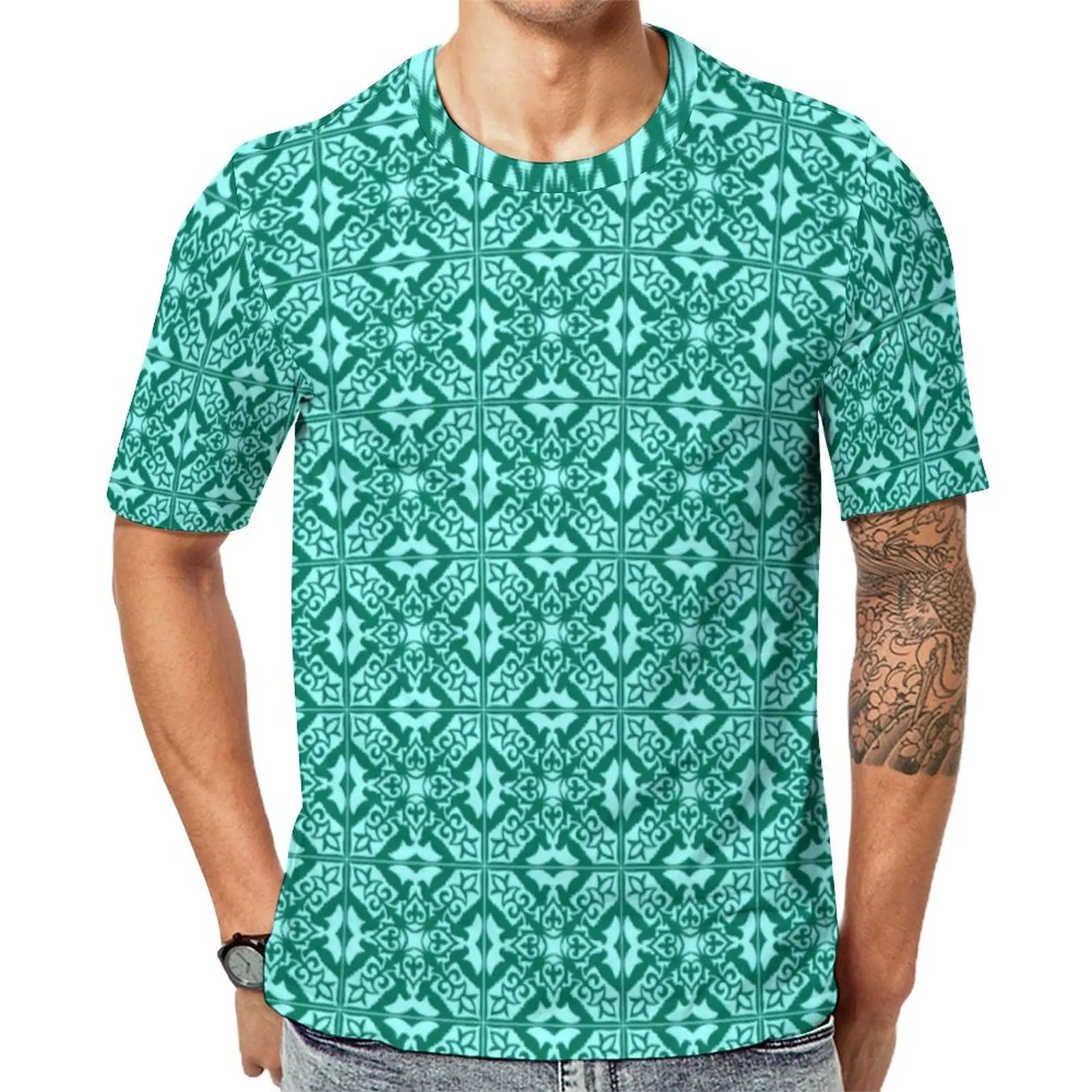 Teal Monochrome Moroccan Tile T-Shirt  Popular T Shirts Man Basic Tee Shirt Summer Short Sleeves Pattern Tops Big Size 5XL 6XL
