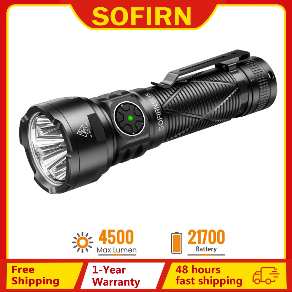 

Sofirn SR15 4500lm Powerful Flashlight SFT25R LED Light 21700 USB C Rechargeable 5V/3A Charge and Discharge Torch