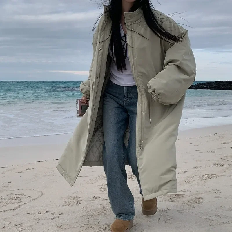 

Winter Long Jacket Stand Collar Windproof Cuff Designs Zip Buttons Double Placket Coat Female Warm Drawstring Knee Length Jacket