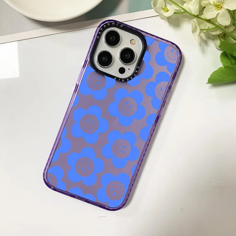 Ins Blue Smile Flower Case For Iphone 11 14 15 Pro Max Clear Silicone Soft Funda 12 13 Mini 6 7 8 Plus X XR XS Shockproof Cover