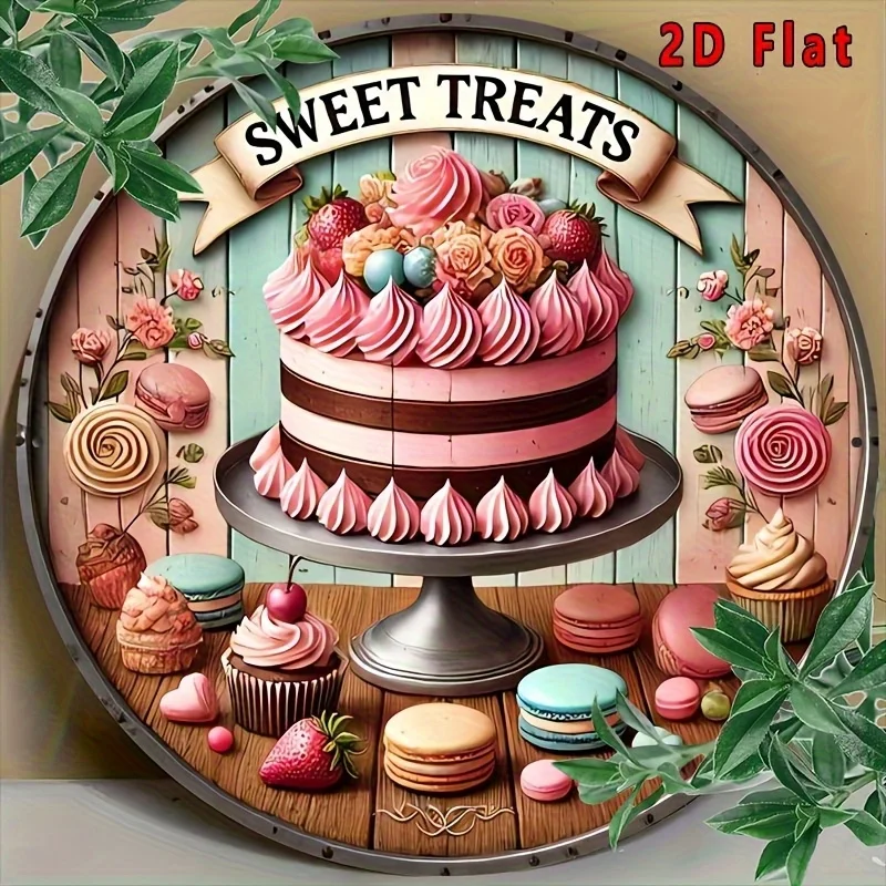 2D-Wandkunstschild „Flat Piece“, rund, Retro-Stil, süßes Aluminium-Wandkunstschild, 20,3 x 20,3 cm, Design mit Landgeschmack, inklusive Kuchen, Cupcake und Gebäck