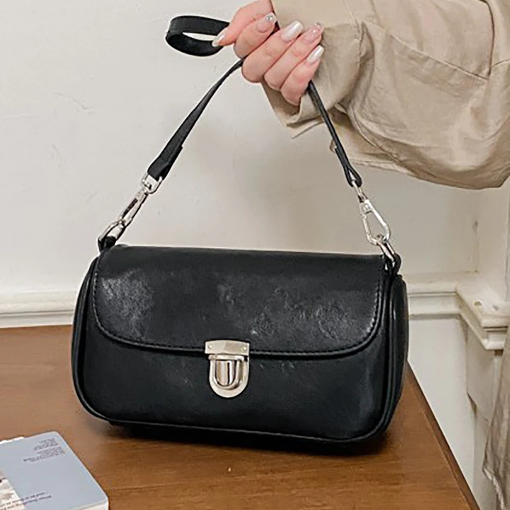 High Grade Solid Color Buckle Zipper Shoulder Bag for Women Autumn New PU Leather Soft Commute Crossbody Bags Versatile Handbags