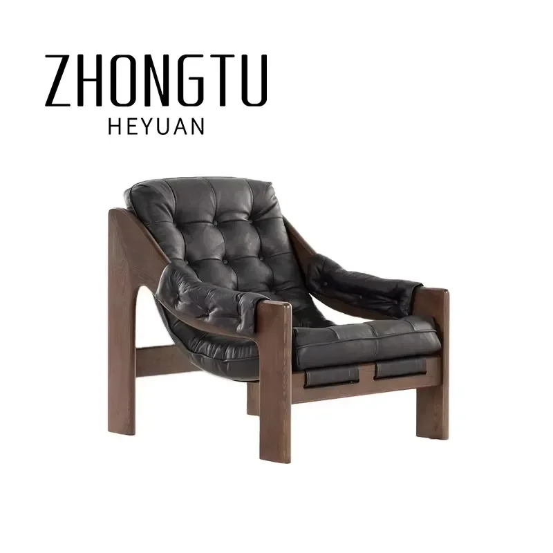 Nordic Hotel Retro Recliner Armchair Wooden Oak Frame Living Room Black Leather Seating Modern Bedrooms Lounge Club Accent