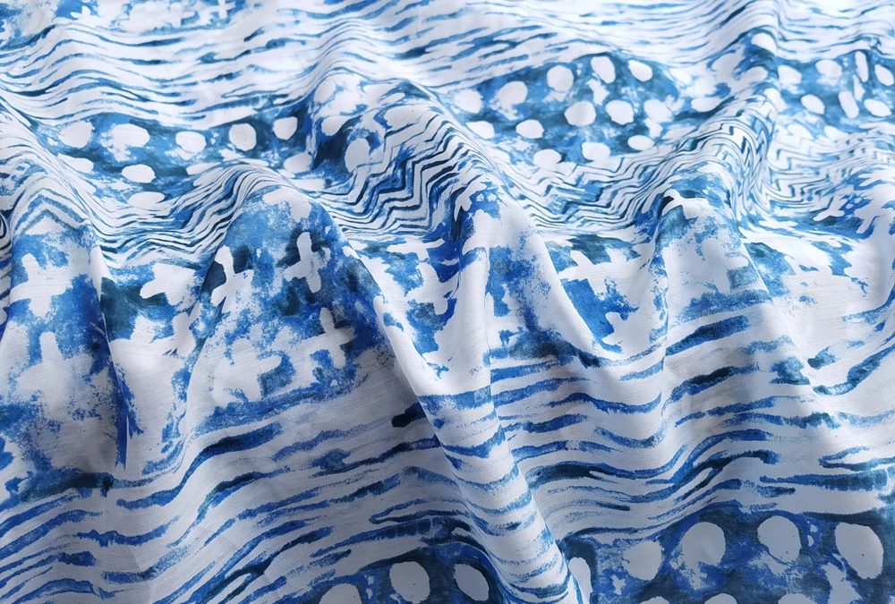 Naturseiden-Baumwollstoff, 53 Zoll breit, Meterware, blaues weißes Muster, Hemdkleid, Stoff, Maulbeere – Detail 5