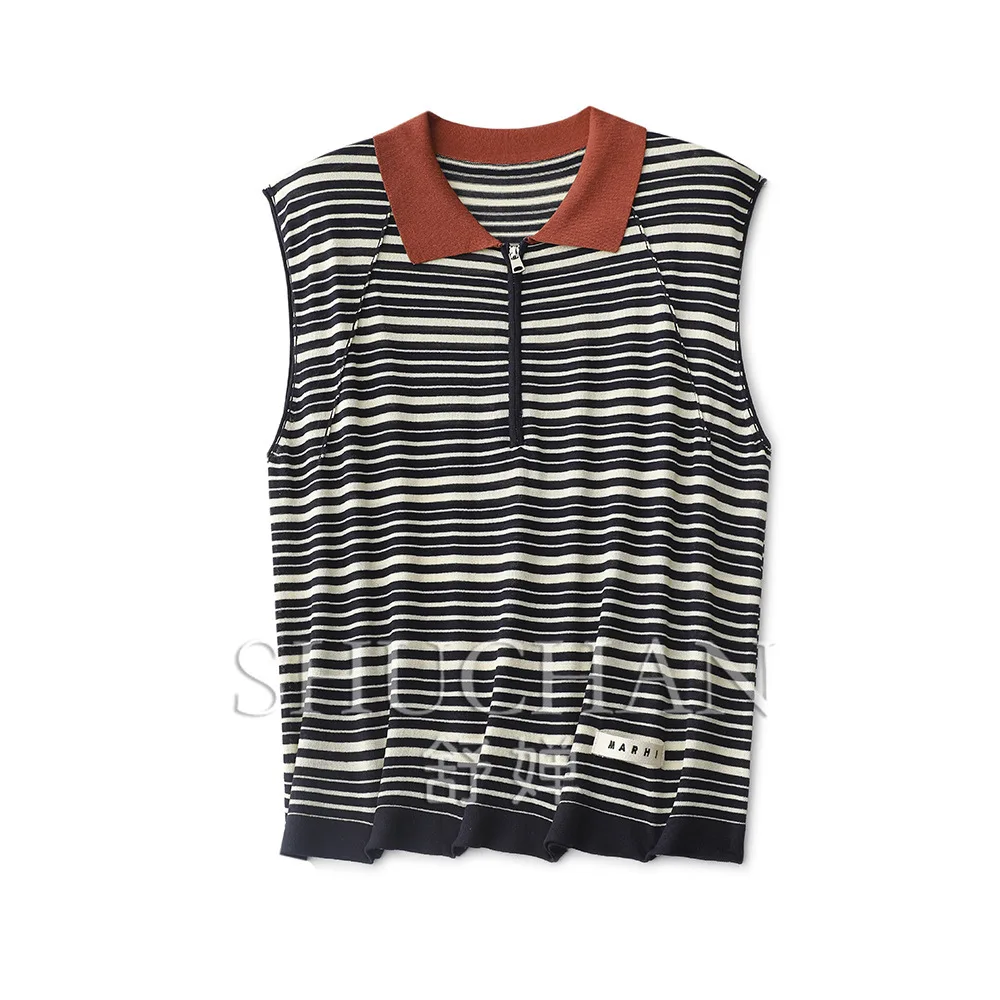 

"European Minimalist Aesthetics" Half Zipper Lapel Striped Top Loose and thin, breathable, not sultry, high-end feeling