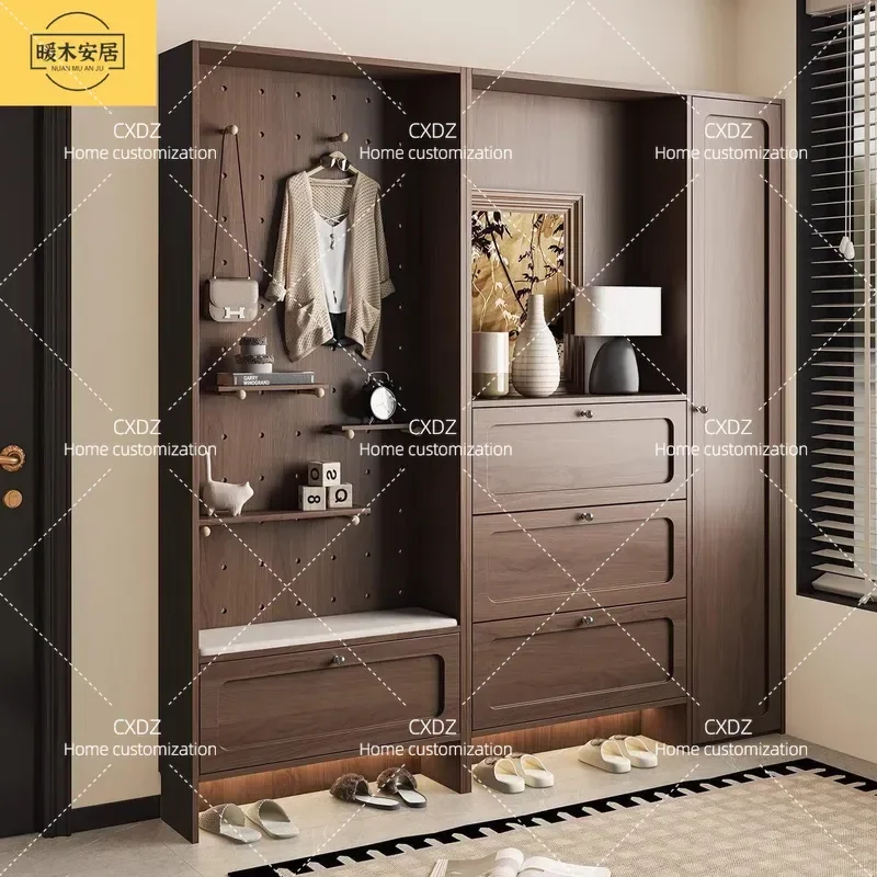 Retro Entryway Shoe Cabinet with Integrated Coat Hooks Wall Mounted Storage Locker for Small Apartment Foyer Hallway
