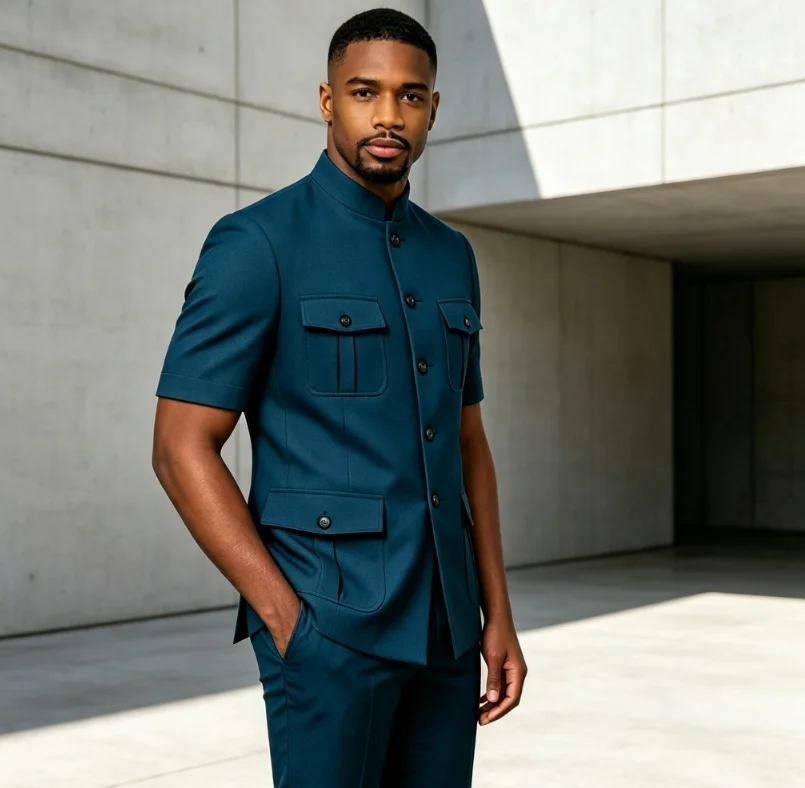 Men's Grey Mandarin Collar Suit Set Short Sleeves Multi-Pocket Jacket and Trousers Fashion Formal Smart Casual Wedding Suits
