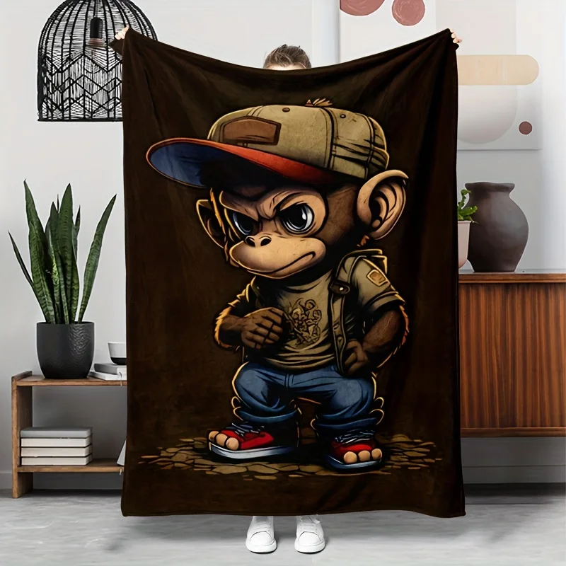 Street Style Cartoon Monkey Pattern Flannel Blanket Lightweight Warm Plush Throw Blanket Hip Hop Ape with Cap Sneakers Art Decor