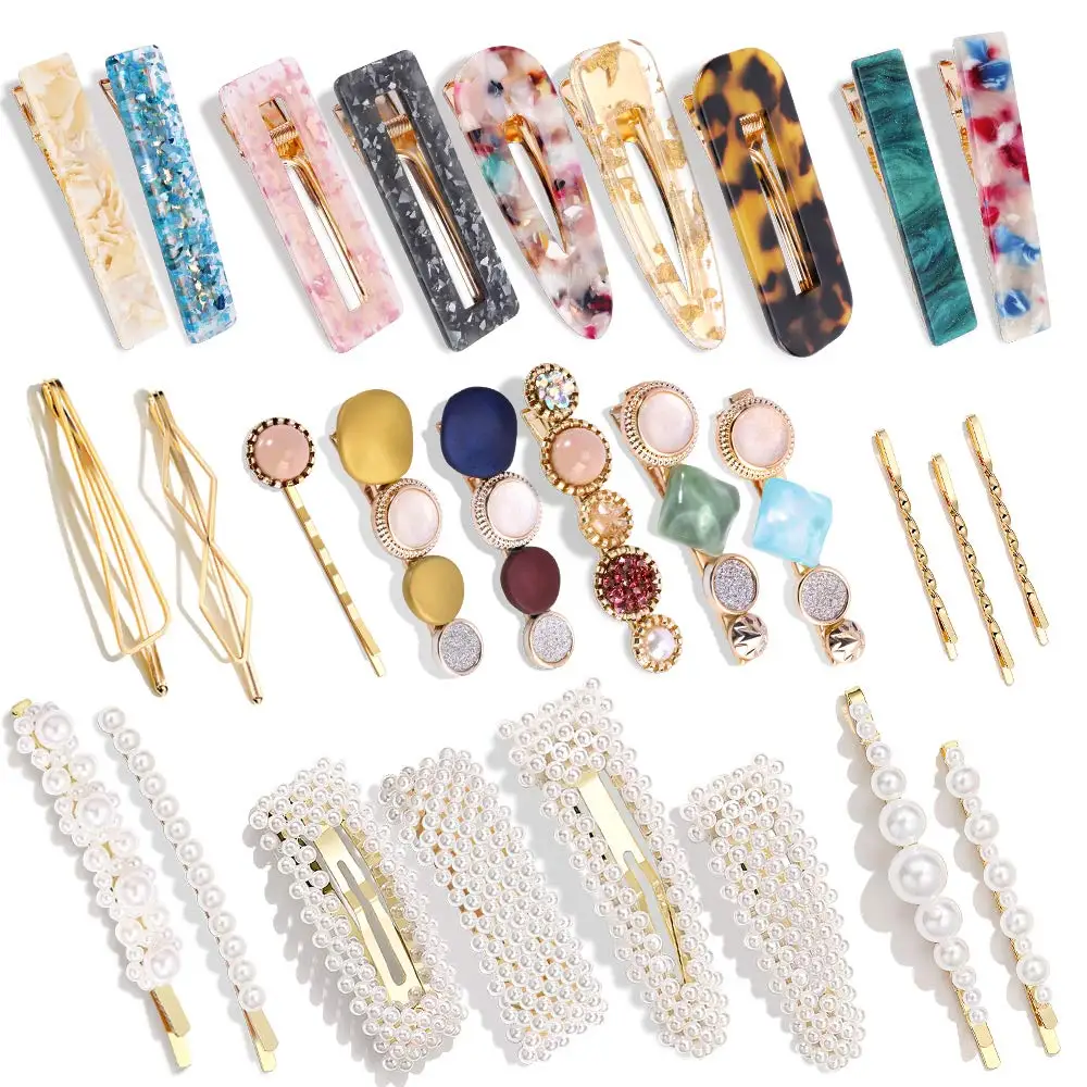 

28 PCS Handmade Hair Clips Set: Pearls, Marble Acrylic Barrettes, Geometric Pins, Gold Accessories for Women Girls