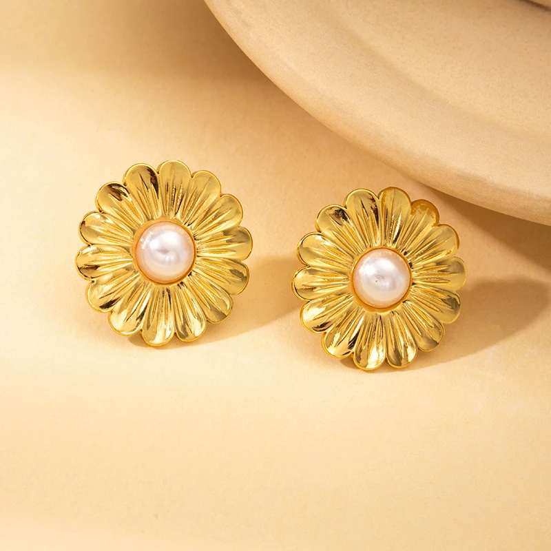 أقراط مرصعة على شكل زهرة البتلة للنساء ، فولاذ مقاوم للصدأ 316L ، مجوهرات راقية ، طراز فرنسي قديم ، لؤلؤ مُضَمِّل ، موضة جديدة ، #5