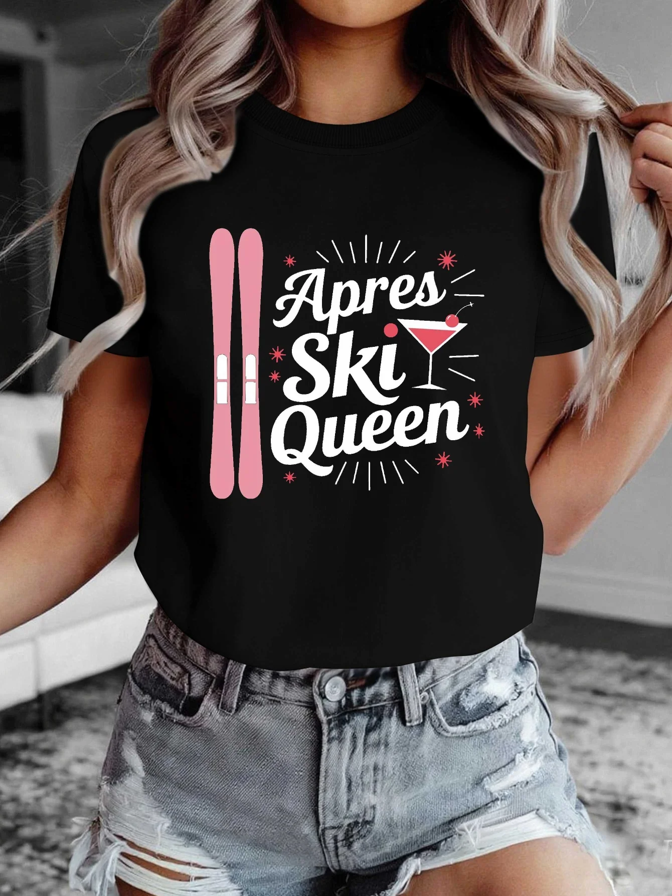 Women's Pure Apres Ski Queen T-Shirt White with Pink Ski Snowflake Print Sleeve Casual Top Ski Resort Outfits Aesthetic Clothes