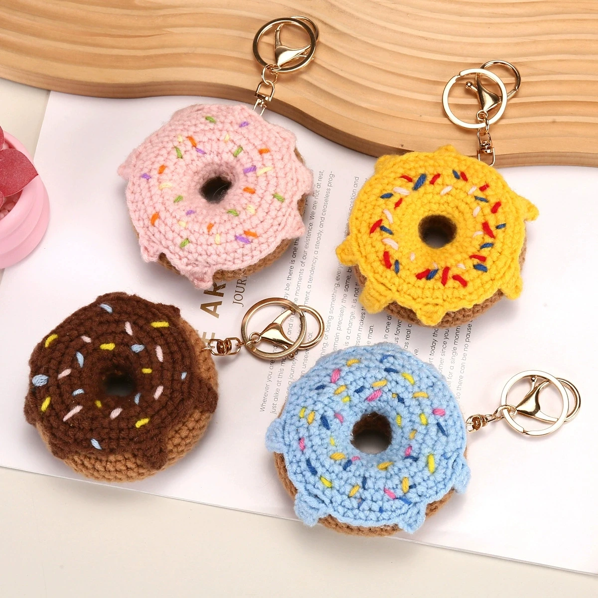 Cute Donuts Series Crochet Keyrings For Car Keys Pendant Handmake Knitted Multicolor Donut Keychains Wholesale Keys Accessories