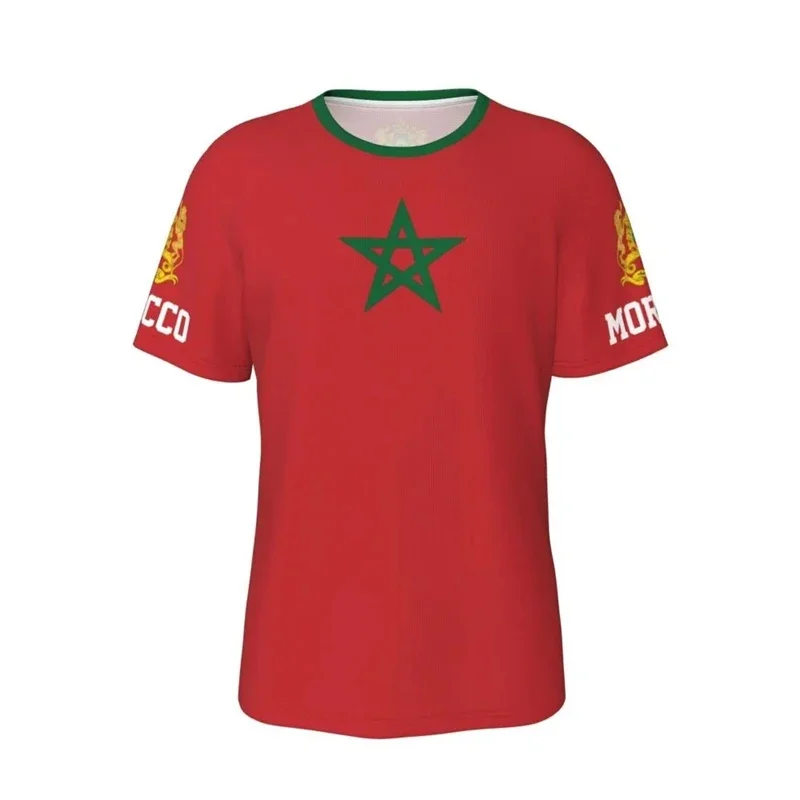 Men Morocco Football T-shirt 3D Print Flag Graphic Street Sports Short Sleeve T Shirts Summer Casual Loose Fashion Stripe Tees