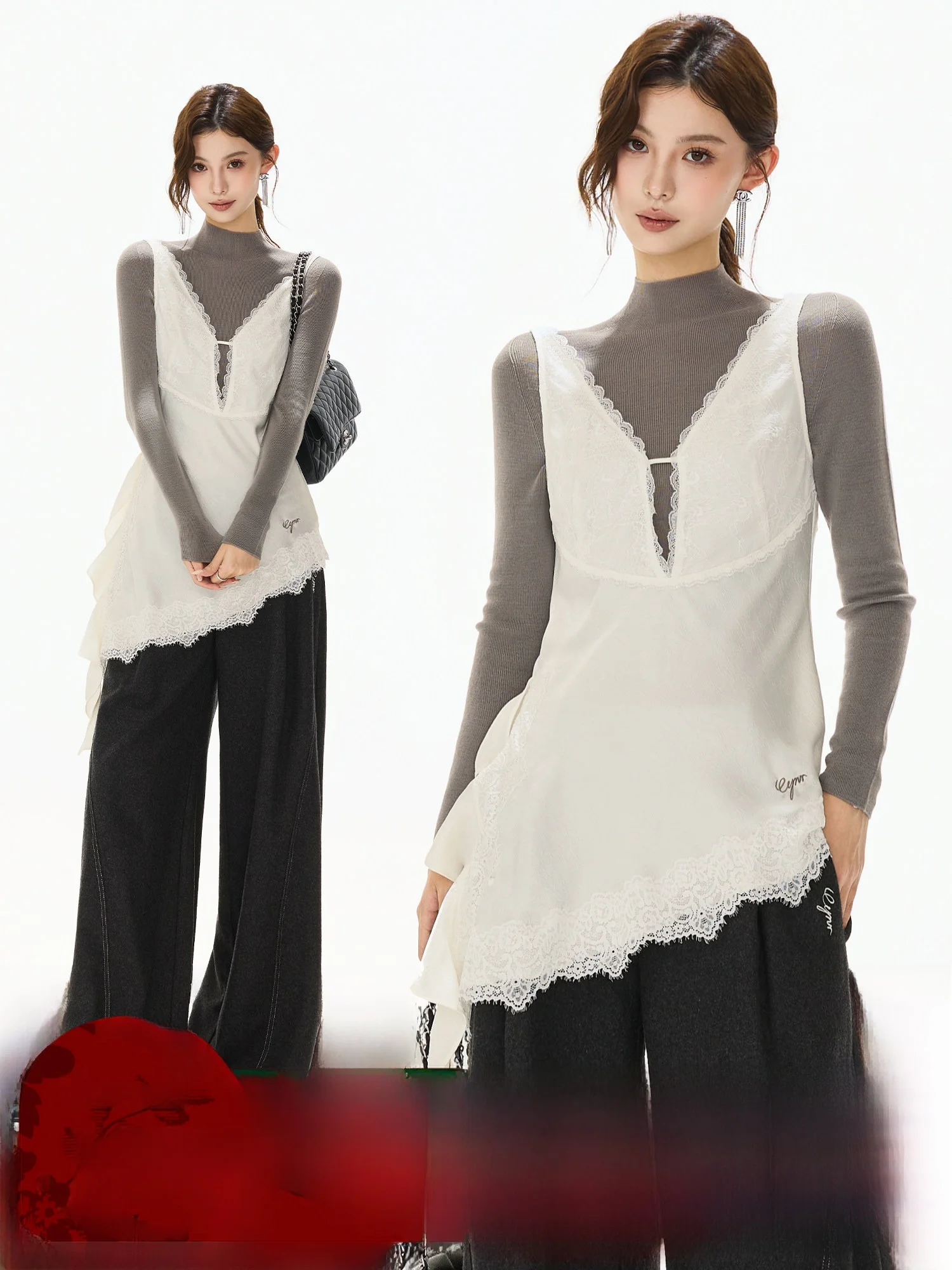 

CYNR Original Design Romantic Lace adow Pattern Satin Deconstructed Layering Irregular Hem Strap Vest Women's Faion