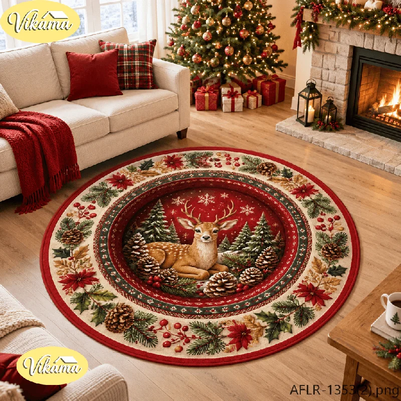 VIKAMA Snowflake & Snow Christmas Flannel Round Rug, Non-Slip Washable Xmas Mat for Living Room Bedroom Nursery Kids Room